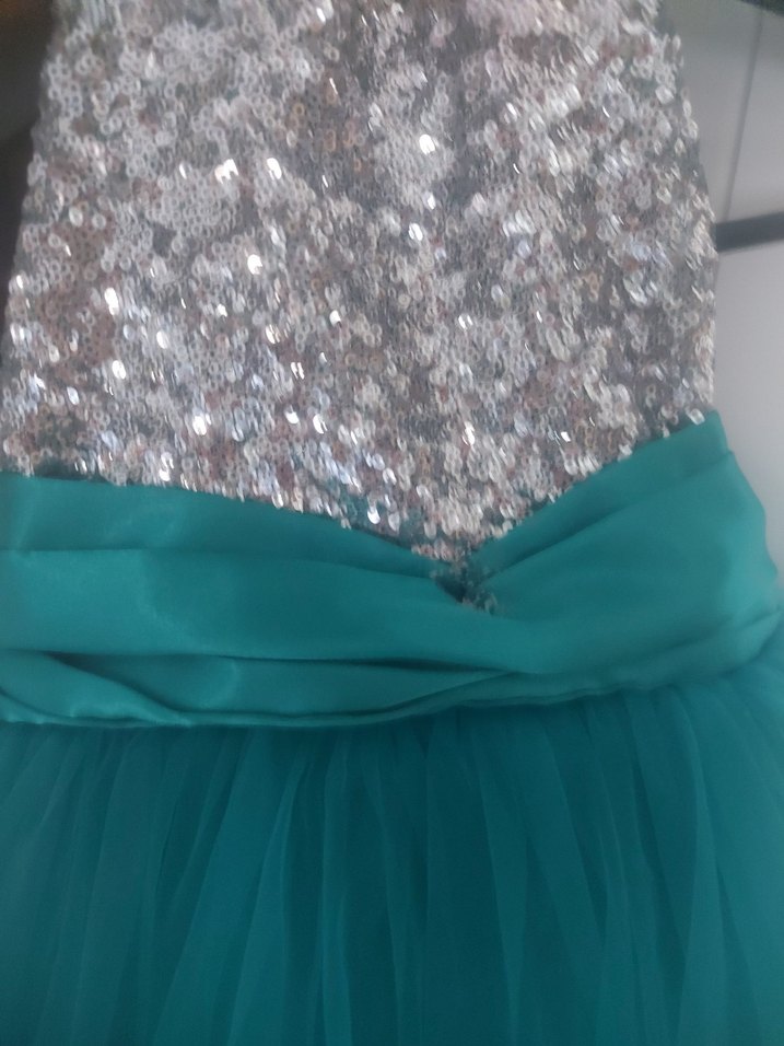 Parlak Turkuaz Payetli Kolsuz Kız Elbisesi - Görsel 3