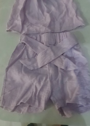 Mor Mini Saten Fırfırlı Straplez şortlu takim - Görsel 2