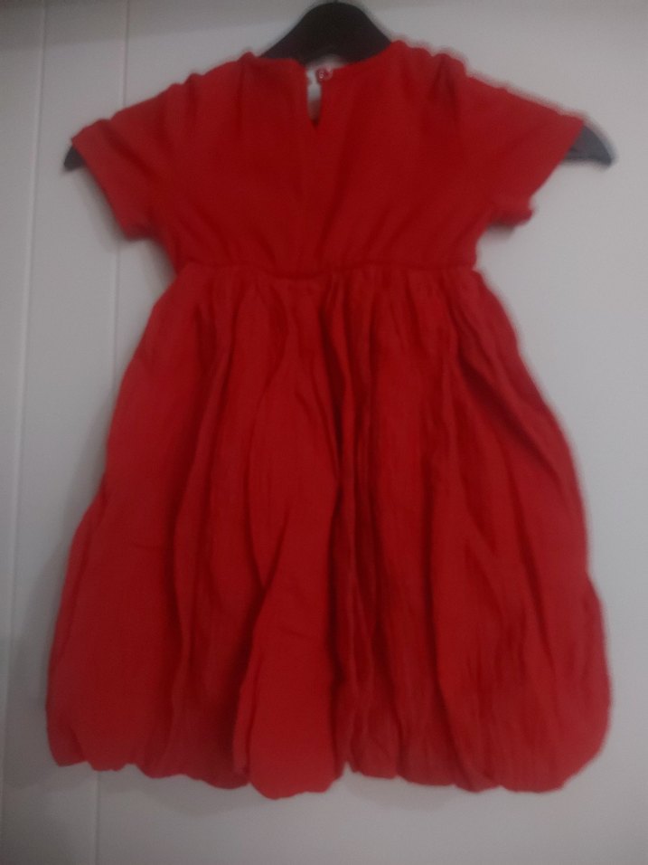 Kız Çocuk Kırmızı Keten Kısa Kollu Elbise - Görsel 2