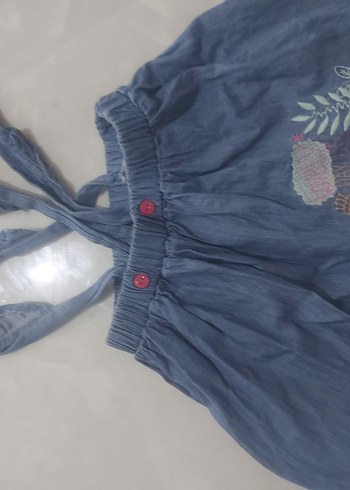 Nakışlı Düğmeli Kız Çocuk Mavi Bohem Elbise - Görsel 2