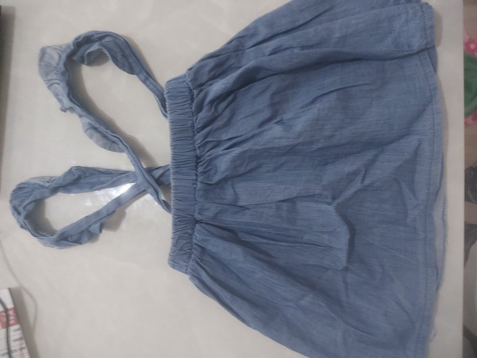 Nakışlı Düğmeli Kız Çocuk Mavi Bohem Elbise - Görsel 3