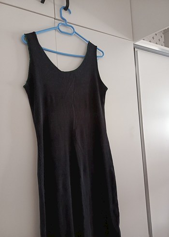 Siyah Kolsuz Midi Keten Elbise - Görsel 2