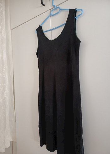 Siyah Kolsuz Midi Keten Elbise - Görsel 4