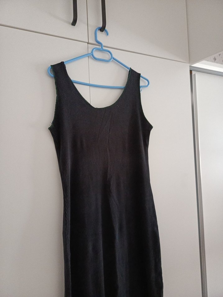 Siyah Kolsuz Midi Keten Elbise - Görsel 3