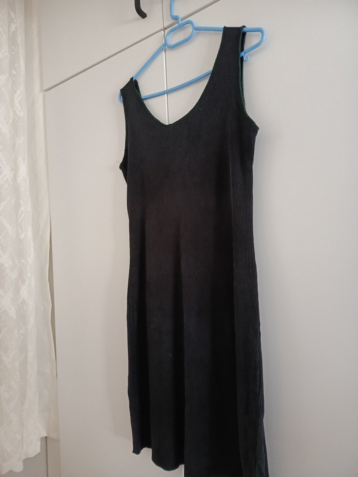 Siyah Kolsuz Midi Keten Elbise - Görsel 4