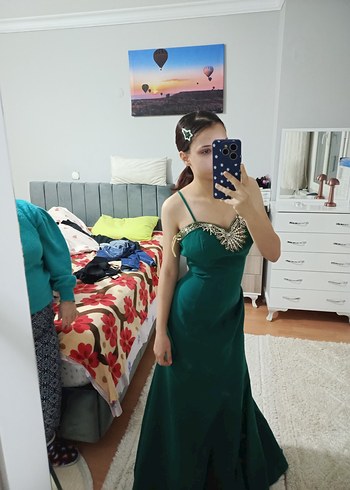 Yeşil Parlak Straplez Abiye Elbise - Görsel 2