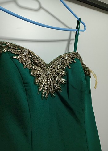 Yeşil Parlak Straplez Abiye Elbise - Görsel 5