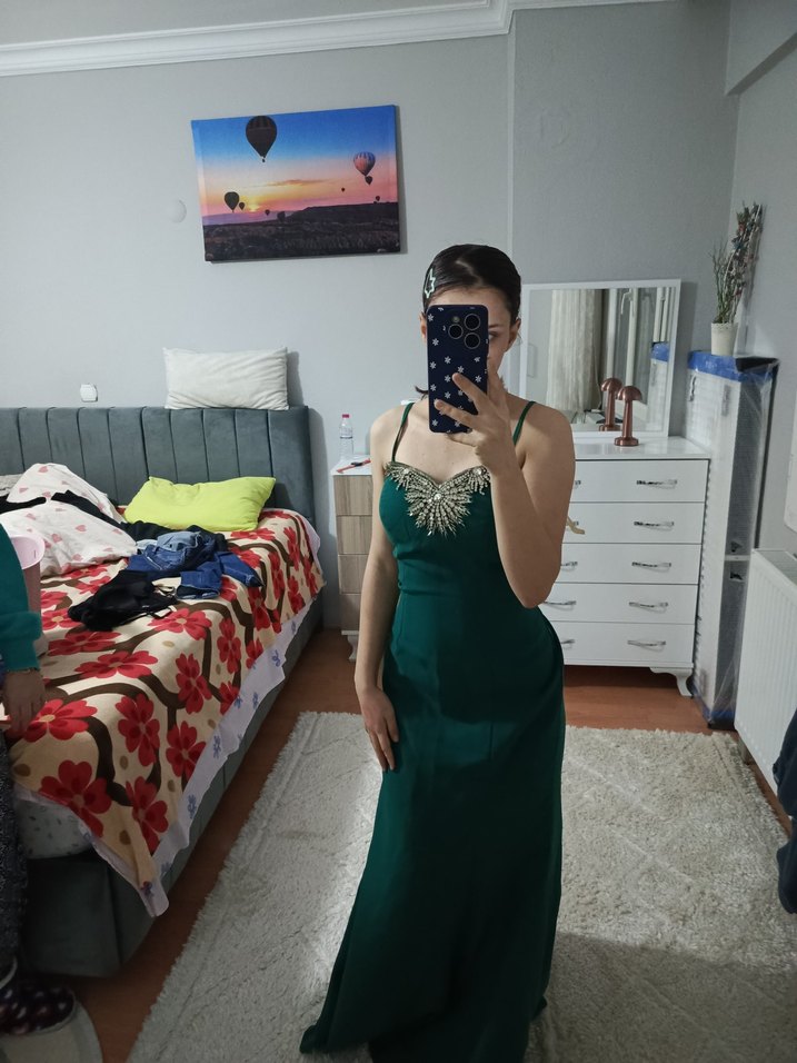 Yeşil Parlak Straplez Abiye Elbise - Görsel 3