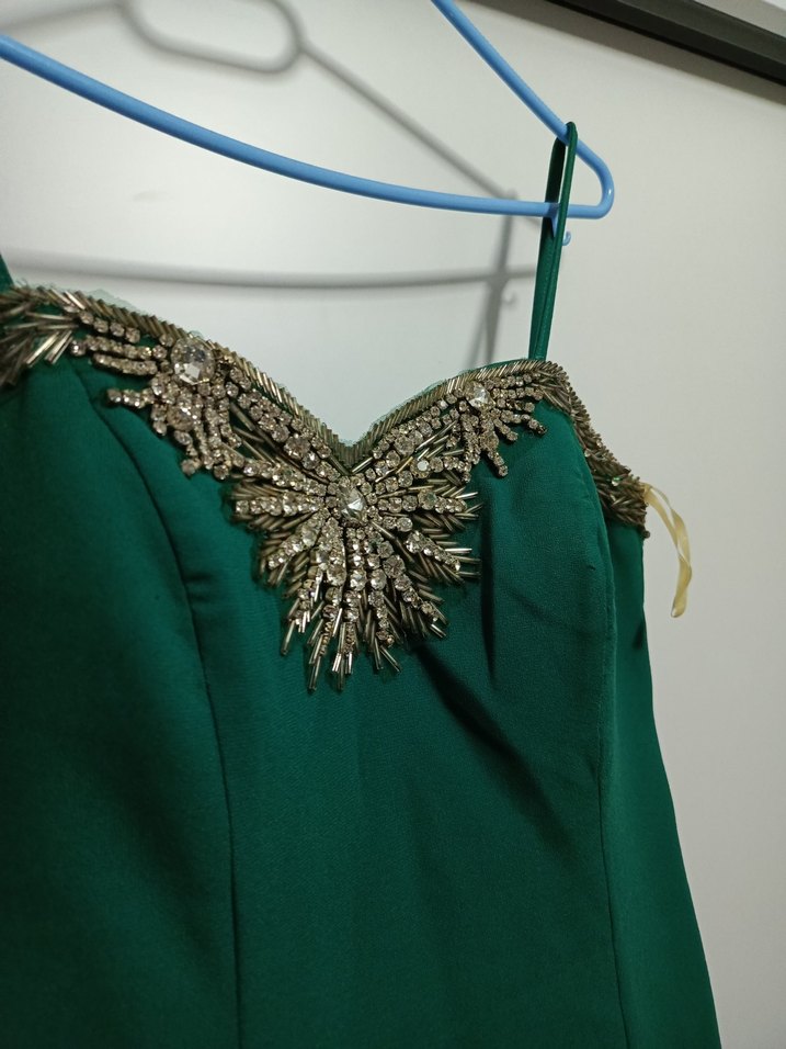 Yeşil Parlak Straplez Abiye Elbise - Görsel 5