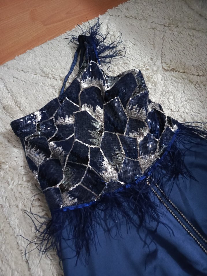 Mavi Parlak Kadın Uzun abiye Tüy Detaylı - Görsel 2