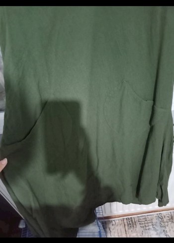 Haki V Yakalı Keten  Elbise - Görsel 2