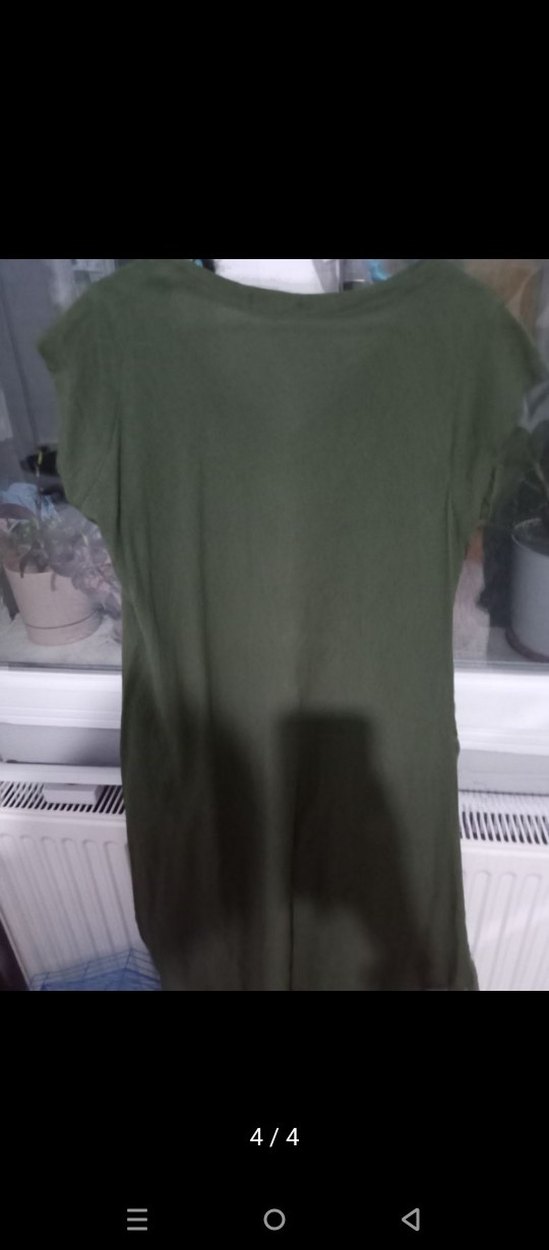 Haki V Yakalı Keten  Elbise - Görsel 4