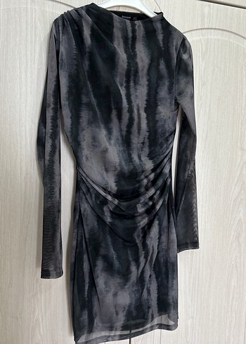 Gri Batik Desenli Uzun Kollu Uzun Elbise