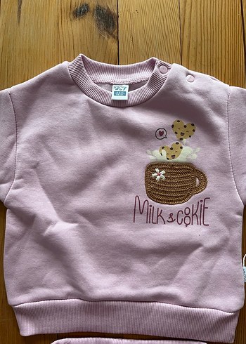 Bebek Kız Pembe Baskılı Uzun Kollu Şardonlu Takım 6-9 ay - Görsel 2