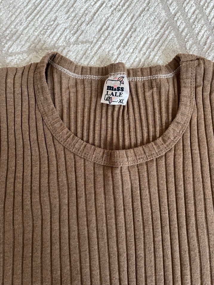 Kahverengi Kadın Fitilli Triko Uzun Kollu Kazak - Görsel 2