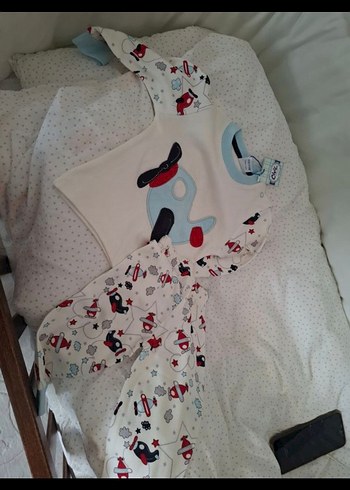 Pamuklu Baskılı Beyaz Bebek Uyku Takımı