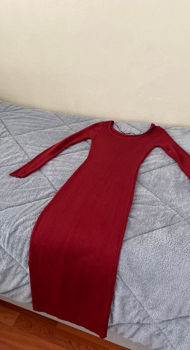 Bordo Uzun Kollu Triko Elbise - Görsel 3