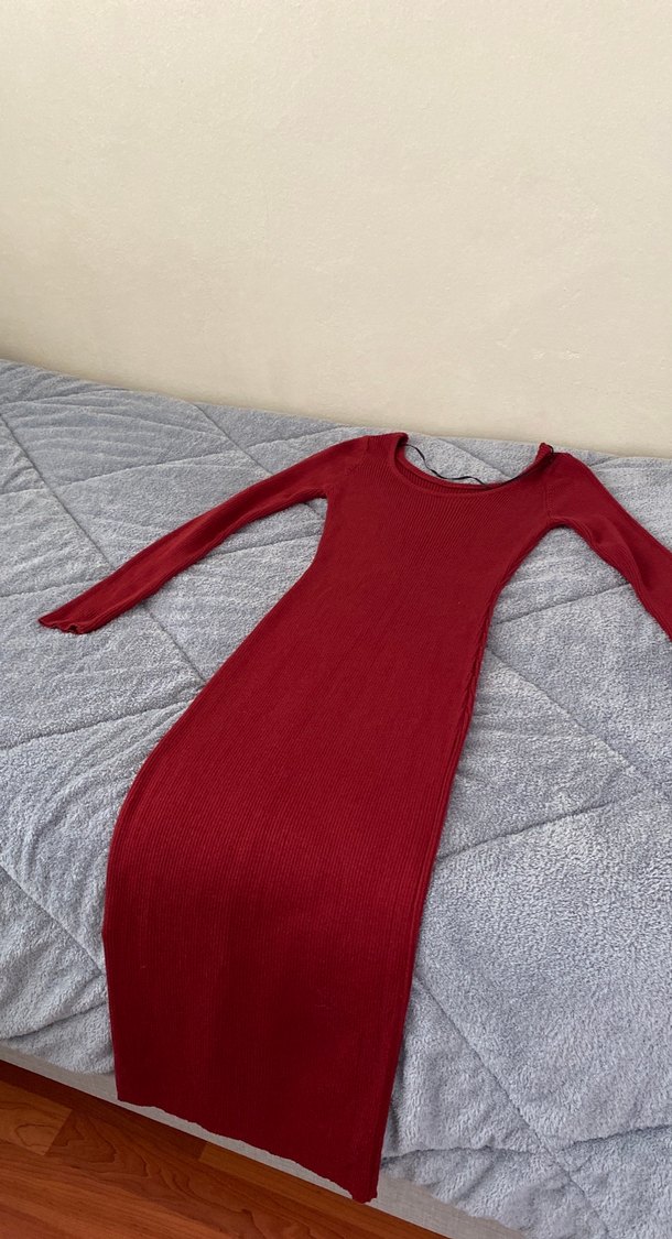 Bordo Uzun Kollu Triko Elbise - Görsel 2