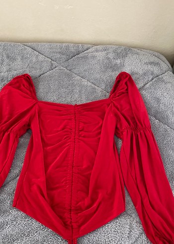 Kırmızı V Yaka Uzun Kollu Kadın Bluz - Görsel 3