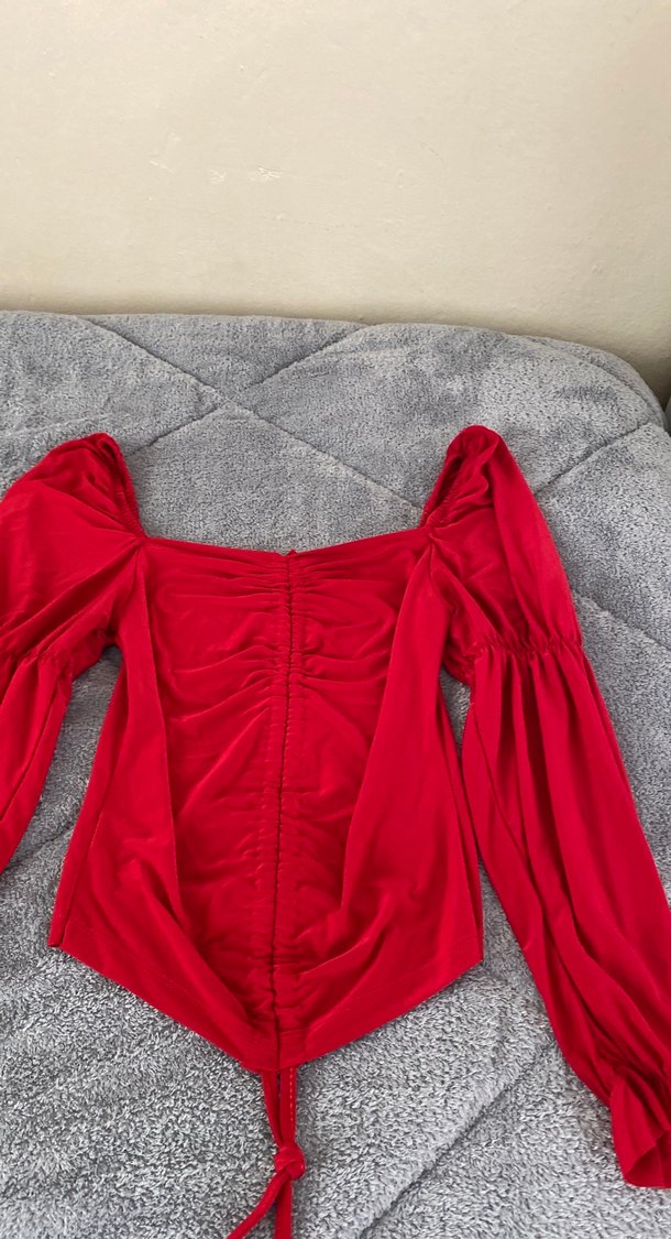 Kırmızı V Yaka Uzun Kollu Kadın Bluz - Görsel 3