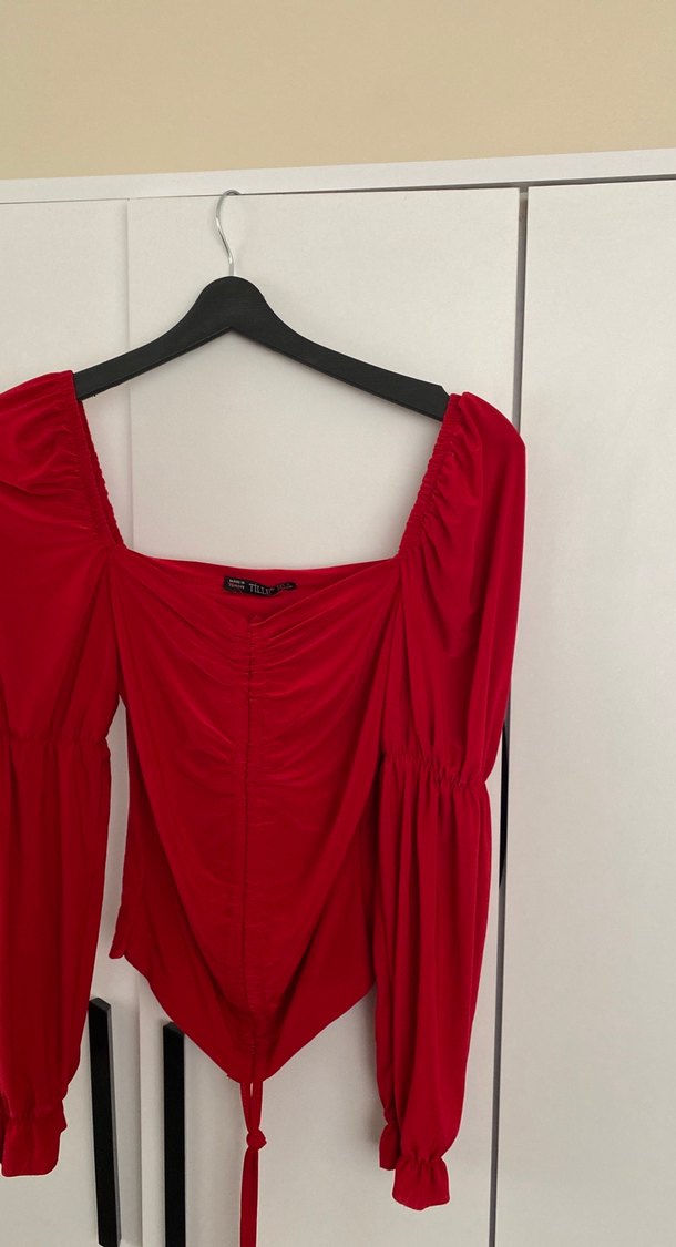 Kırmızı V Yaka Uzun Kollu Kadın Bluz - Görsel 5