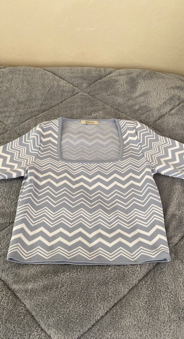 Gri Desenli Kadın Triko Kısa Kollu Bluz - Görsel 2