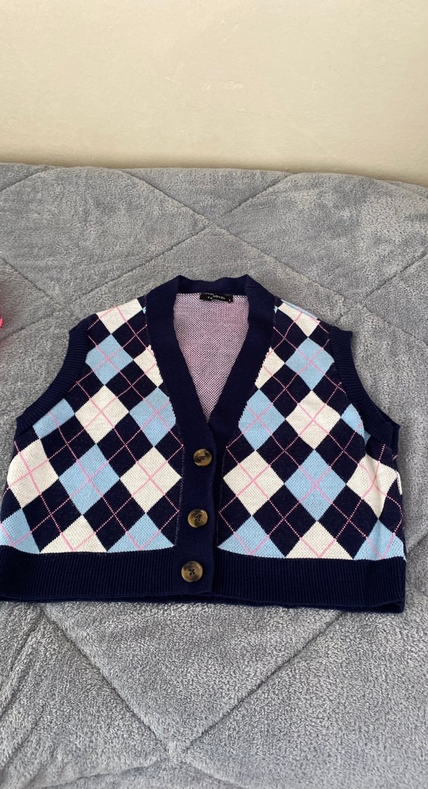 Kadın Çok Renkli Ekose V Yaka Örme Süveter - Görsel 3