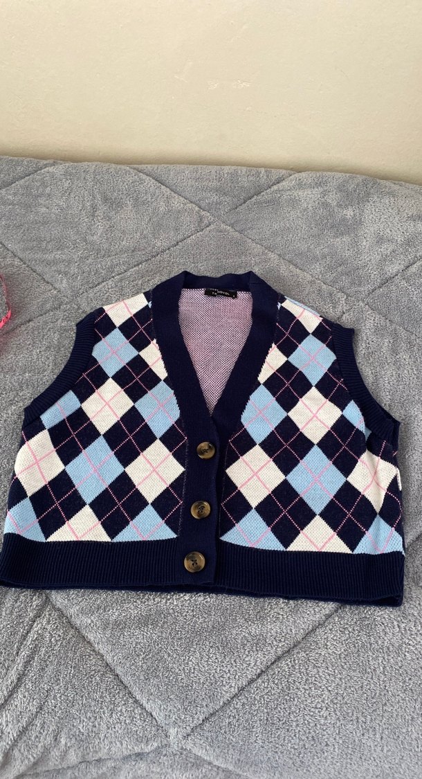 Kadın Çok Renkli Ekose V Yaka Örme Süveter - Görsel 2