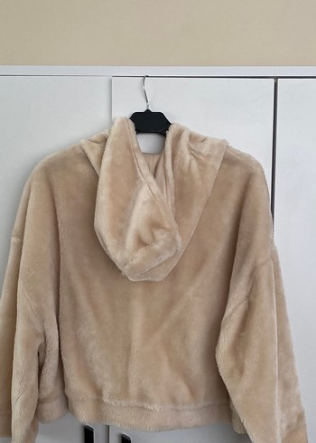 Bej Kapüşonlu Kadın Peluş Ceket - Görsel 4