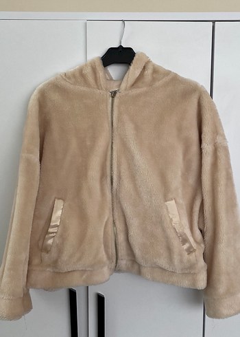 Bej Kapüşonlu Kadın Peluş Ceket - Görsel 3