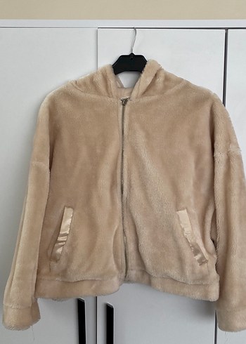 Bej Kapüşonlu Kadın Peluş Ceket - Görsel 2