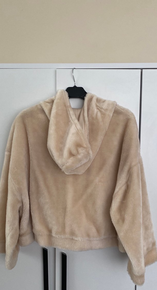 Bej Kapüşonlu Kadın Peluş Ceket - Görsel 5