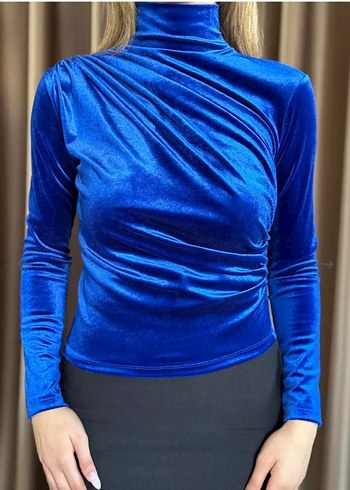 Kadın Omuz Ve Bel Drapeli Kadife Bluz Saksmavisi - Görsel 4