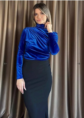 Kadın Omuz Ve Bel Drapeli Kadife Bluz Saksmavisi - Görsel 2