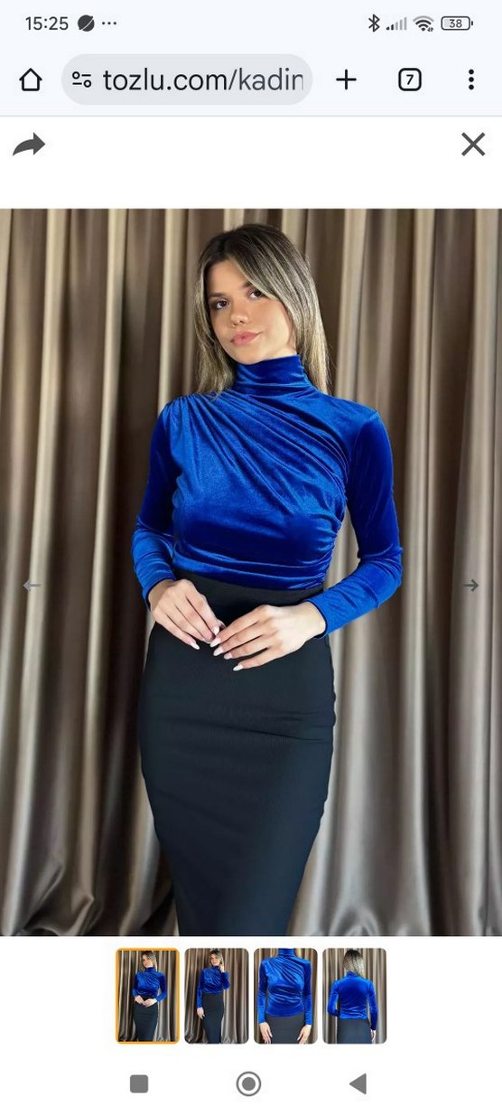 Kadın Omuz Ve Bel Drapeli Kadife Bluz Saksmavisi - Görsel 3