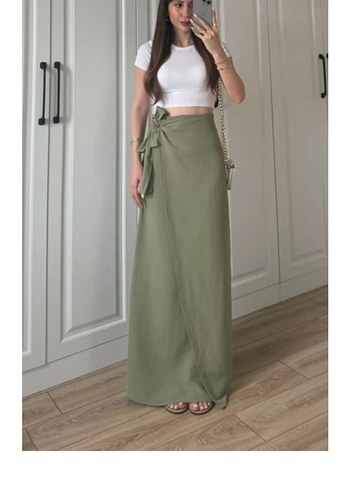 Haki Renk Keten Uzun Salaş Etek - Görsel 2