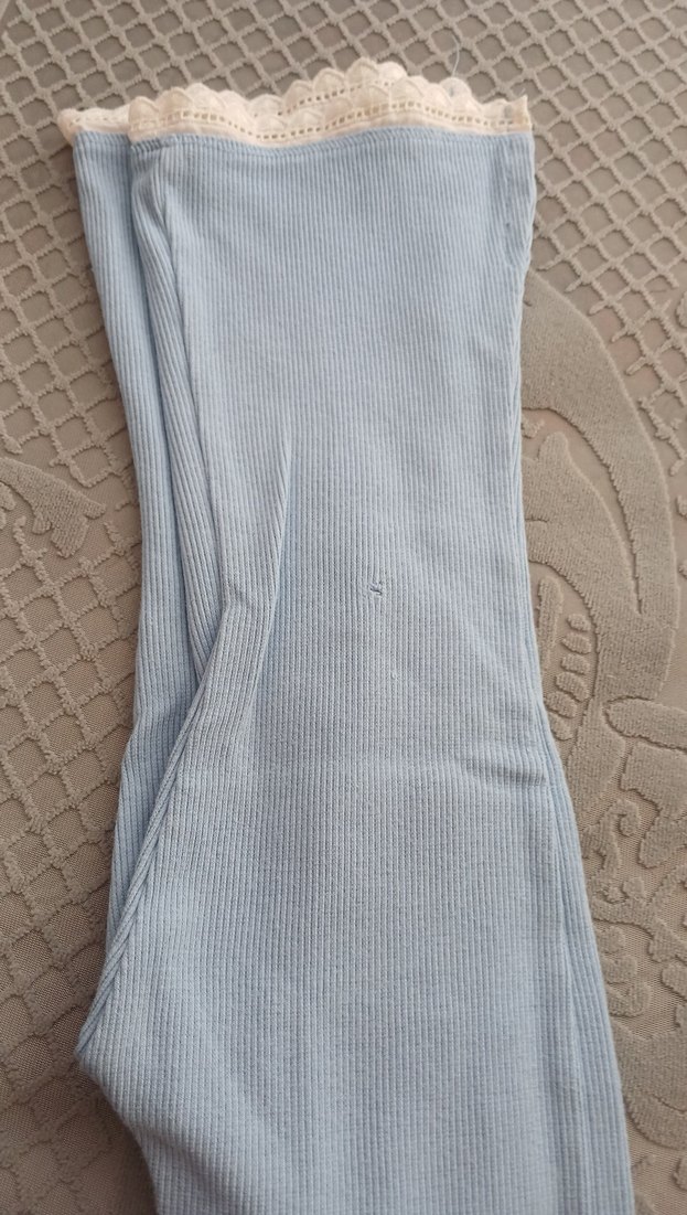 Dantel Detaylı Kız Çocuk Mavi Pamuklu Tayt - Görsel 5