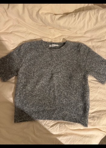 Gri Fitilli Kısa Kollu Triko Kadın Kazak standart beden - Görsel 2