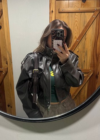 Kahverengi  Deri Kısa Ceket - Görsel 2