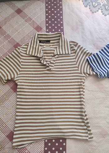 Diğer Çizgili polo Yakalı Kısa Kollu Kadın Tişört