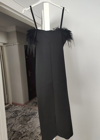 xs Beden siyah Renk Siyah Transparan İnce Askılı Midi Kalem Elbise