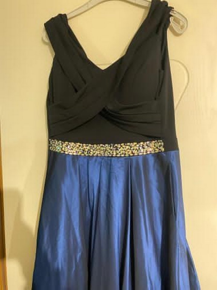 V Yaka Drapeli Uzun Lacivert Abiye Elbise - Görsel 3