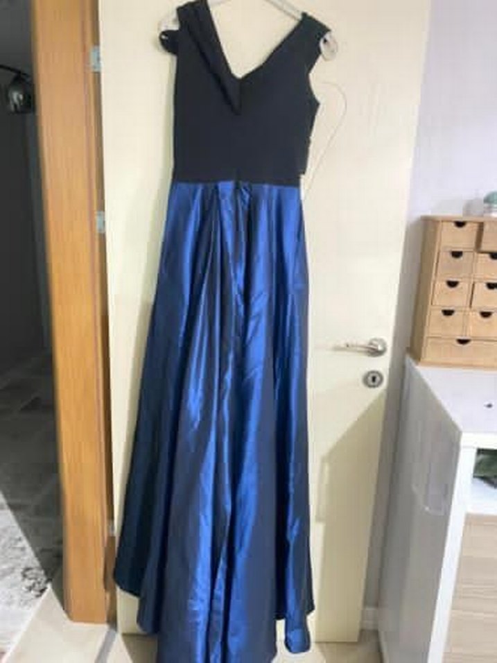 V Yaka Drapeli Uzun Lacivert Abiye Elbise - Görsel 2