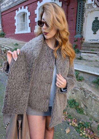 Gri Mini Yüksek Yakalı Suni zara atkalı kaban - Görsel 7