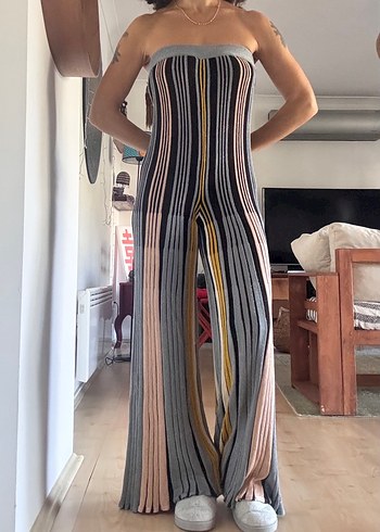 Çizgili Pilili Uzun Triko Tulum - Görsel 2