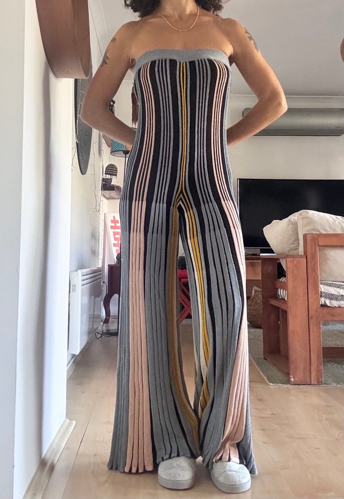 Çizgili Pilili Uzun Triko Tulum - Görsel 2