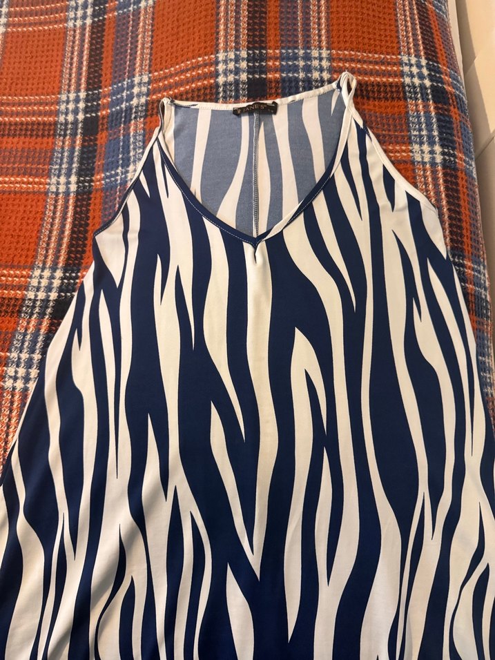 Lacivert Zebra Desenli Askılı Yazlık Elbise - Görsel 3