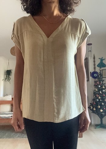 Mavi V Yaka Su Yeşili Bluz - Görsel 2