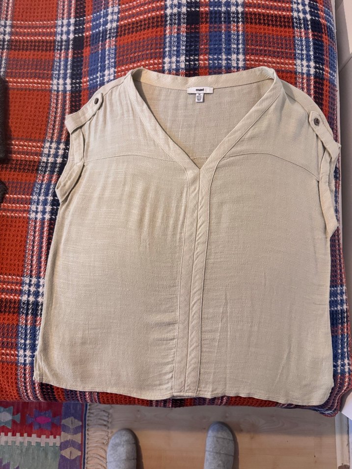 Mavi V Yaka Su Yeşili Bluz - Görsel 5