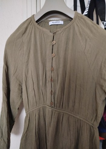 Bej Uzun Keten Elbise Düğmeli Bol Kesim - Görsel 2